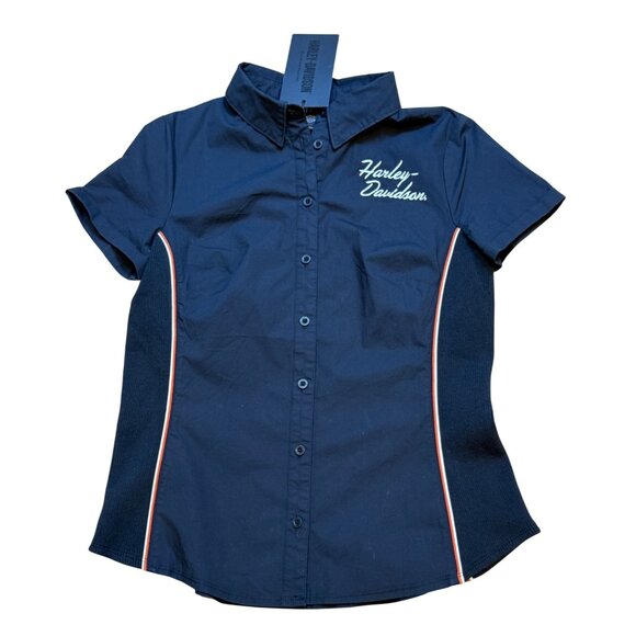 Harley-Davidson Womens Short Sleeve Button-Up Shirt Black W/ Orange Accents M‎ - Picture 1 of 6